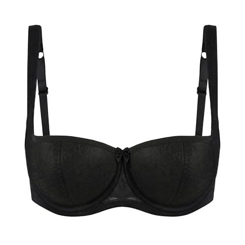 Image of Rosme Women's Balconette Bra with Push Up Effect Plus Size Sexy Lace Demi Half Cup Bra Underwired Low Cut Mesh Bras Grand