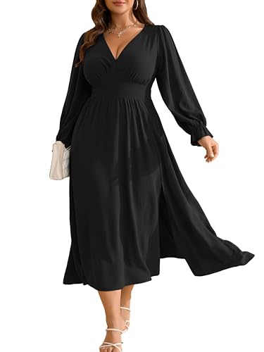 RWJ Plus Size Wedding Guest Dress for Women Deep V Neck Long Sleeve High Waist Slit Formal Cocktail Party Fall Maxi Dresses