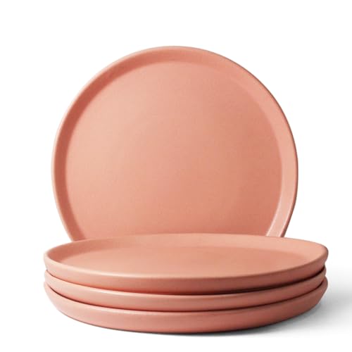 Image of Ceramic Dinner Plates, 4 Pcs | Rim Plate for Easy Eating | Microwave, Oven, Dishwasher Safe | Set of 4 Ceramic Plates for Dinner | Handmade | (Flamingo Pink, Set of 4 Dinner Plates)