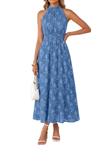 Image of Simplee Womens Summer Halter Maxi Dress Boho Floral Wedding Guest Dress Flowy Sleeveless Long Sundresses with Pockets