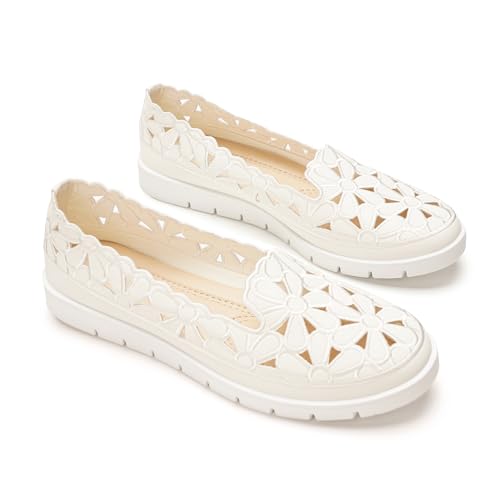 GLAMORA Bailarinas Mujer Caladas Diseño Floral Zapatos Planos Plataforma Ligera Suela Flexible Antideslizante Plantilla Blanda Cómodas Transpirables Calzado Verano blanco 38