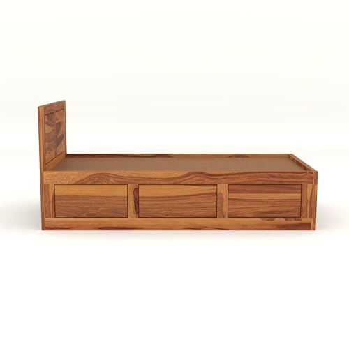 Image of Solid Sheesham Wood Single Size Bed with Box Storage for Bedroom Living Room Single Cot for Home Wooden Palang for Hotel (Honey, Size 6 * 3)