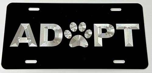 Pet Adoption Logo Car Tag on Black Aluminum Plate