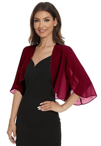 Image of Womens Chiffon 3 /4 Sleeve Shrugs Lightweight Open Front Cropped Cardigan for Dress
