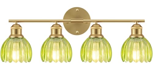 Image of Bathroom Light Fixtures, 4-Light Brushed Gold Vanity Lights for Bathroom with Green Tulip Glass Shade, 26 inch Vintage Bathroom Vanity Lighting Fixtures Over Mirror for Bedroom Living Room Hallway