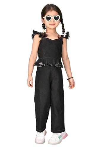 Image of superminis Girl's Denim Solid Top And Trouser Co-Ords Set Dress | Stylish & Comfortable