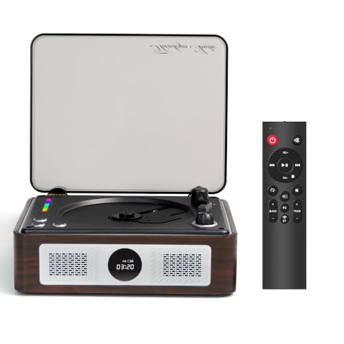 Image of Retro CD Player for Home, Portable Player with Bluetooth & Digital Output | Vintage protable cd player, wooden housing, dual HiFi Speakers .Bluetooth In /Out, 2600mAh rechargeable,remote & RGB lights