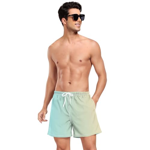 Blue Yellow Gradient Men Beach Shorts Mens 2 Layer Workout Running Shorts with Compression Liner and Pockets Beachwear Quick Dry