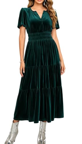 R.Vivimos Womens Fall Winter Velvet Elastic Waist Maxi Dress, DarkGreen, S