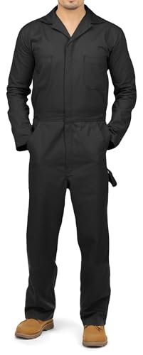 NY Threads Men’s Twill Coverall Relaxed Fit Long Sleeve Utility Work Wear, Large, Black