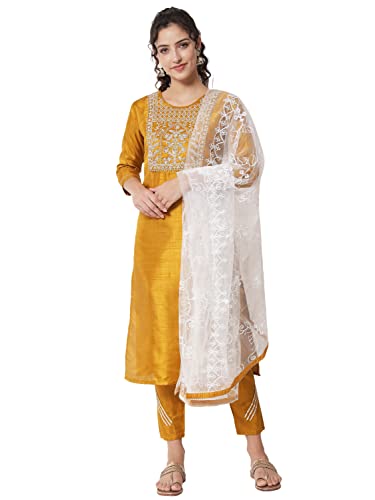 Image of VredeVogel Women's Silk Blend Straight Kurta Trouser With Dupatta Set