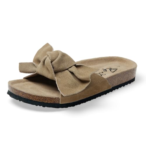 Image of PepStep Slide Sandals for Women or Ladies Dressy Summer Casual, Cute Bow Tie Knot On Top Strap, Comfy Slip On Cork Foot Bed