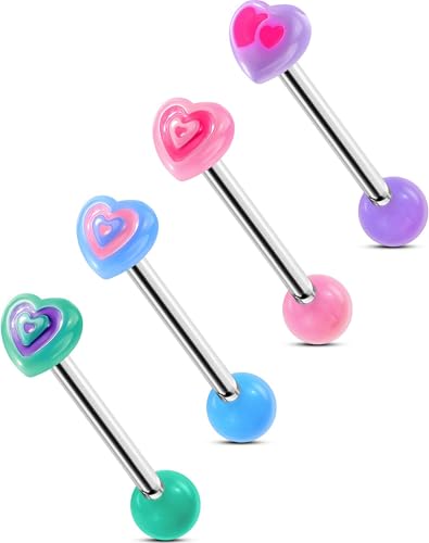 OUFER 4 piece Heart Tongue Rings, 316L Surgical Steel Tongue Rings with Rainbow Acrylic Hearts, 14G Ring Balls