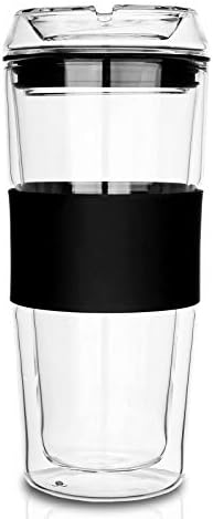 cicike Glass Travel Mug with Silicone Sleeve, Iced Coffee Cup, Glass Cup, Double Walled Glass Coffee Mug, Reusable Cup for Hot & Cold Beverages, 14oz. Capacity, All Made of Glass Including the Lid
