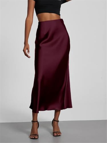 Women Summer Spring Long Satin Skirt Silk High Waist Cocktail Party Wedding Flowy A-Line Midi Skirts4