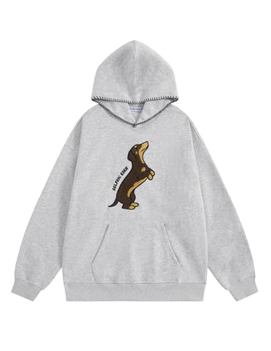 Aelfric Eden Dog Graphic Hoodies Unisex Oversized Dachshund Pullover Hoodie Y2k Streetwear Hooded Sweatshirt Grey Large