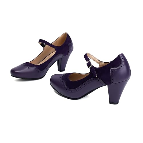 Image of Elerhythm Women's Mary Jane Classic and Retro 1920s Pump Heels Gatsby Oxford Pattern 1950s Pinup Vintage Round Closed Toe 1940s Ankle Strap Dress Shoes