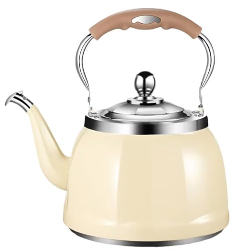 Hervidor de Acero Inoxidable 304 para Estufa, Color Crema, 4 Litros, con Silbato y Mango Plegable de Baquelita