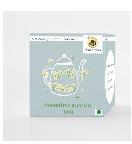 Image of D'aromas Jasmine Tea Bags | Fragrant Jasmine Flowers & Premium Green Blend | Delicate Floral Aroma | Refreshing Wellness Tea | 10 Tea Bags (1.5g Each) | D'aromas Herbal Tea