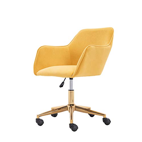 Velvet Chair, Home Office Chair, Cute Ergonomic Desk Computer Chair, Task Swivel Chair With Arms, Comfy Upholstered Make Up Decorative Chair With Metal Base Wheels Height Adjustable Swivel (Yellow H) #TOP7