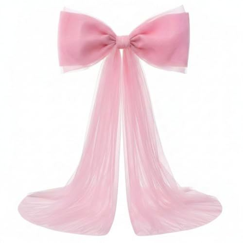 Canlierr Extra Large Pink Organza Bow Decorations 39 x 59 Inch Giant Pink Tulle Bow with Tie and Long Ribbon Tails for Wedding Valentines Party Backdrop Coquette Room Wall Decoration