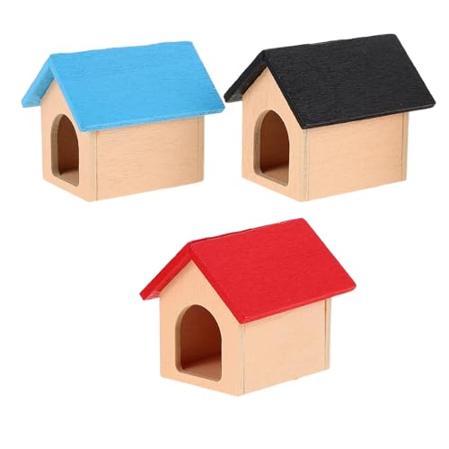 WOONEKY 3 Pezzi Casetta per Cani in Miniatura in Legno Resistente da Rosso Blu Nero Accessori per Casa delle Bambole e Scenografia Giardino Educazione alla Cura degli Animali