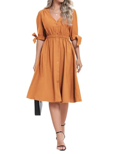 Image of Women Linen Rayon Blend Midi V Neck Button Front Elastic Waist Puff Sleeve Tie Casual Summer Dress