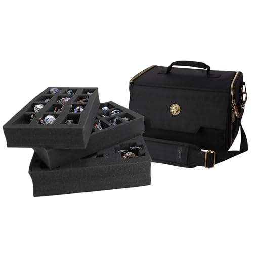 ENHANCE Wide Base Miniature Carrying Case - Compact Storage & Satchel for DND Miniatures with Shoulder Strap, 3 Foam Trays (2 Pre-Cut and 1 Pick & Pluck Tray) - Fits Wide Base Minis 25mm to 40mm