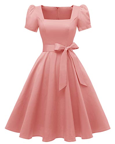 OBBUE Women s Square Neck Dress Vintage 1950s Cocktail Party Dress with Puff Sleeves Blush Pink S