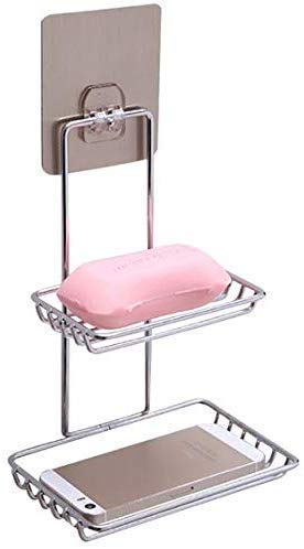 Styxon Soap Dishes Sponge Holder with Hoops for Bathroom Shower Kitchen Stainless Steel Self Adhesive Wall Mounted Non-Drilling Storage Saver Rack (1PC)