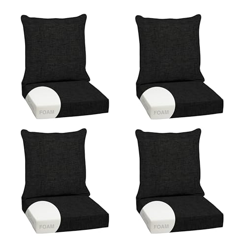 Image of Arden Outdoor Foam Deep Seat Cushion Set, 4-Pack, 24x24, Premium High-Density Foam, Never Flattens, Weather-Proof for Patio Chair Sofa Couch, Black Leala