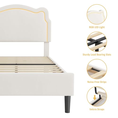 Image of Velvet Upholstered Princess Bed Frame with RGB LED Smart Light, Adjustable Bear Headboard, Wooden Slat Support, No Box Spring Needed, Noise-Free, Easy Assembly, Twin Size for Kids, Twin Beige