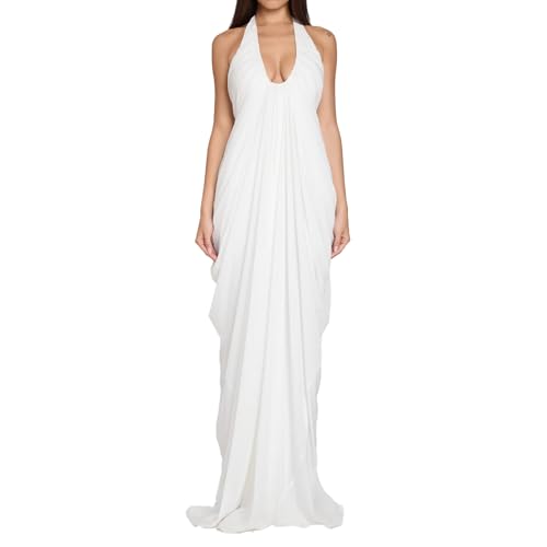 ABYOVRT Women White Dress Halter Deep V Neck Cascade Drape Floor Length Gown Wedding Guest Beach Vacation (White M)
