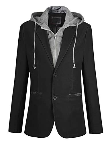 ebossy Man's Stylish Detachable Hooded Slim 2 Button Casual Blazer Jacket (Medium, Black)