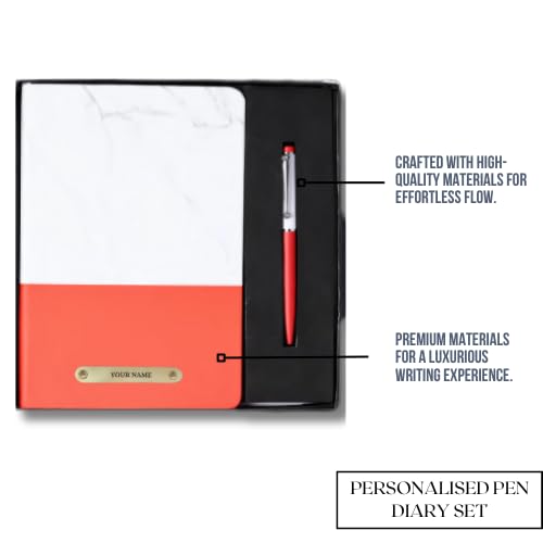 Image of 2 in 1 Personalized Diary & Pen Combo Gift Set | Custom Name Engraved Black Leather Notebook & Metal Pen | Best Gift for Office, Corporate & Personal Use (Red)