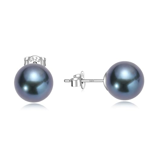 YAMI Saltwater Cultured Black Pearl Earrings, S925 Sterling Silver Earrings Stud White Gold Plated, Hypoallergenic Jewelry Gifts for Women and Men 6.0-10MM