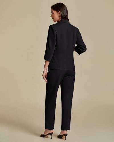 luvamia Pant Suits for Women Dressy 2 Piece Business Casual Outfits 3/4 Sleeve Blazer Straight Leg Pant Sets Office Work3