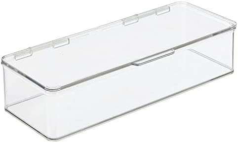 mDesign Caja organizadora larga de plástico apilable para baño, tapa con bisagras para armario, estante, armario o tocador, para guardar