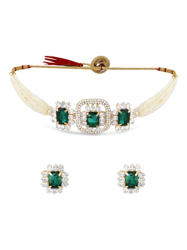 ZAVERI PEARLS Green Statement Stones Embellished Multistrand Beaded Choker Necklace & Earring Set For Women-ZPFK17202