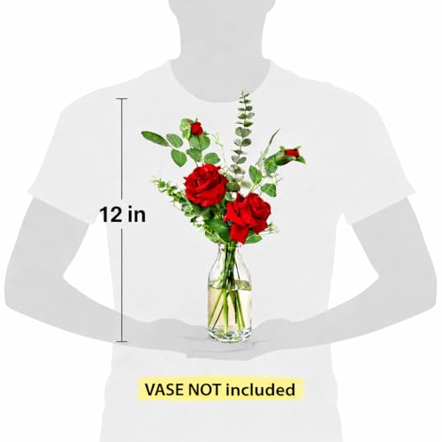 Image of Artificial Red Rose Flower Bunch - 12 Inch Decorative Floral Arrangement with Eucalyptus & Gypsophila | Home, Living Room, Office, Wedding & Festive Decor (Vase Not Included)