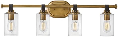 Hinkley Halstead 52884HB Large Four Light Bathroom Vanity Fixture, Modern Industrial, Clear Glass Shade, Faux Leather Strap, Chrome