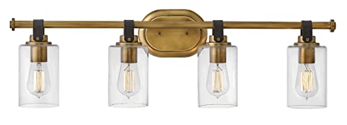 Hinkley Halstead 52884HB Large Four Light Bathroom Vanity Fixture - Modern Industrial, Clear Glass Shade, Faux Leather Strap - Chrome