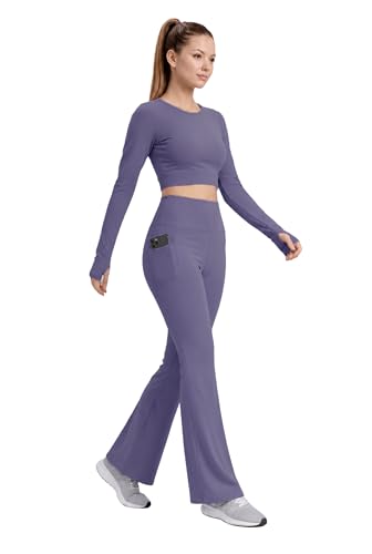 Image of PINAAK FASHION Women's Yoga Co-Ord Set | Full Sleeve Crop Top & Flared High Waist Yoga Pants with Pocket | Thumb Hole Sleeves | Bell Bottom Gym Wear Activewear Tracksuit for Workout, Running & Lounge