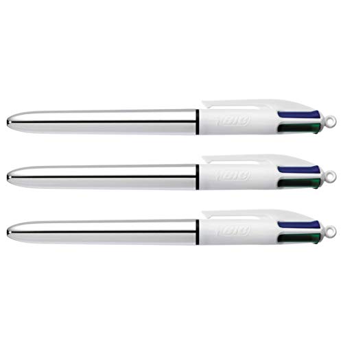Bic – Lote De 3 Bolígrafos De 4 Colores Shine Plateados, Punta Media, 4 Colores Clásicos