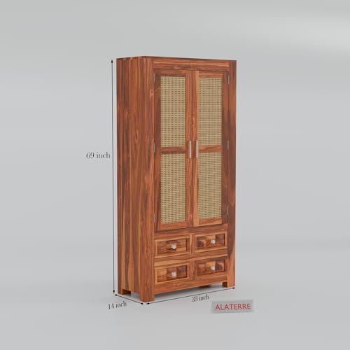 Image of Solid Sheesham Wood 2 Door Wardrobe with Cane Panels & 4 Drawers | Wooden Storage Cabinet with Shelves | Modern Bedroom Cupboard for Clothes & Storage (Honey Finish)