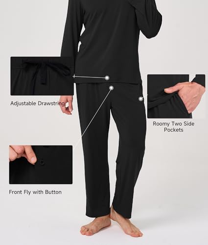 Image of BAMBOO COOL Mens Pajama Set Bamboo Viscose Soft Pijamas Sets for Men Long Sleeve Full Length Pants Pjs Sleepwear with Pockets
