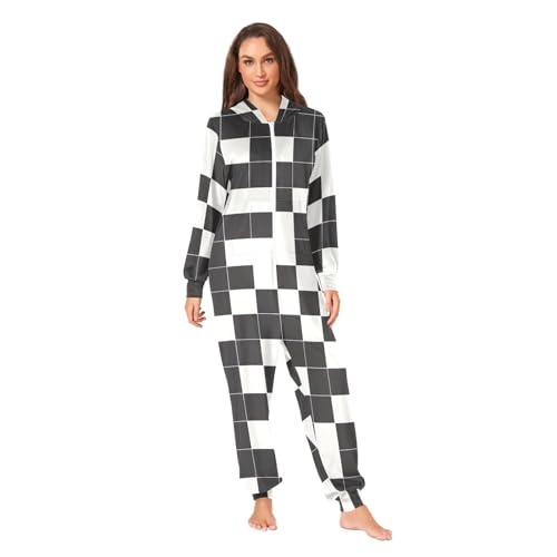 Combinaison pyjama à carreaux douceur thermique maximale avec capuche et fermeture éclair fluide