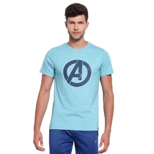 Image of sporto Marvel Logo Print Aqua Jasper Cotton T-Shirt for Men