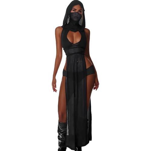 Joanyanl Rave Outfits for Women Goth Sleeveless Hooded Sheer Knit Dress EDM Festival Outfits Streetwear (Large) Black