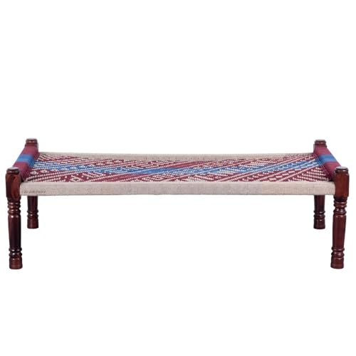 Image of Solid Sheesham Wood Charpai Khat Bed | Wooden Khatiya Charpai Desi | Handcrafted Khatiya Bed with Cotton Rope | Strong Khat for Indoor & Outdoor Use | 6X3 Feet | Dori 2 Wine Blue
